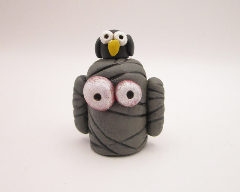 Halloween folk art small mummy man with owl on his head