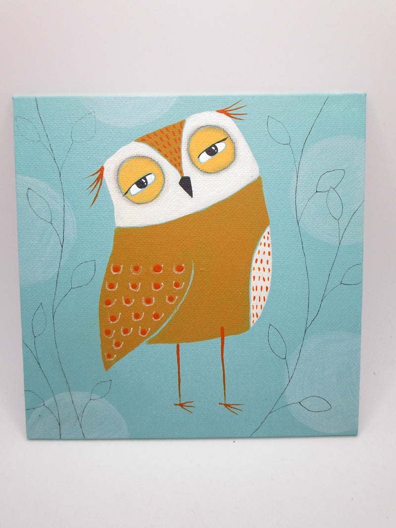 Owl painting 6x6 seafoam background color