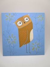 Owl painting 6x6 periwinkle blue background color