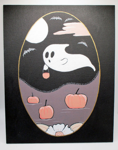 Halloween folk art ghost painting on flat panel 8x10