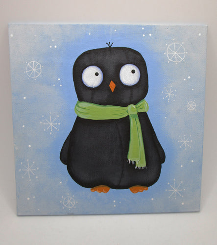 Christmas folk art penguin painting acrylic 6 x 6