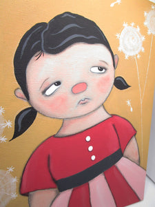 Folk art GIRL in pink dress painting 8x10