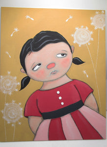 Folk art GIRL in pink dress painting 8x10