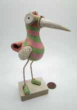 Wacky character BIRD with pink and lime green stripes with fun crackle finish