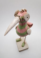 Wacky character BIRD with pink and lime green stripes with fun crackle finish