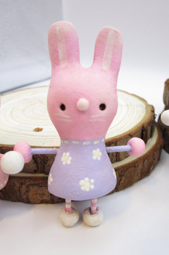 Easter folk art small pink bunny girl in purple flower dress