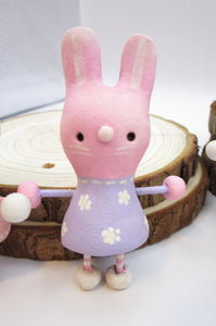 Easter folk art small pink bunny girl in purple flower dress