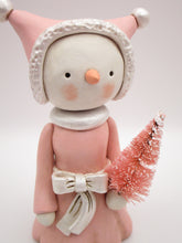 Christmas folk art pink and pearl painted snow girl with bottlebrush tree