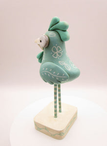 Chicken painted in seafoam green with floral designs summer - Easter art