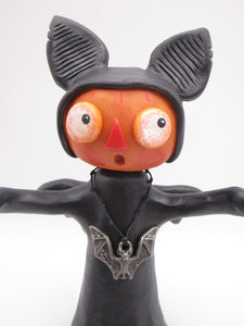 Halloween folk art Pumpkin as a BAT with silver bat charm