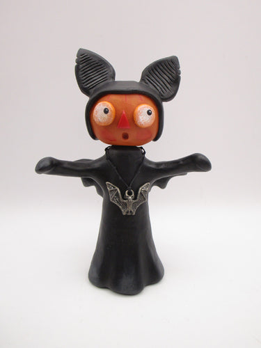 Halloween folk art Pumpkin as a BAT with silver bat charm