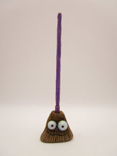 Halloween broom carved handle purple and beige