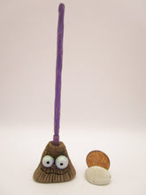 Halloween broom carved handle purple and beige