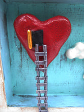 Painting collage style 5 x 5 red heart open door and ladder