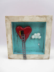 Painting collage style 5 x 5 red heart open door and ladder