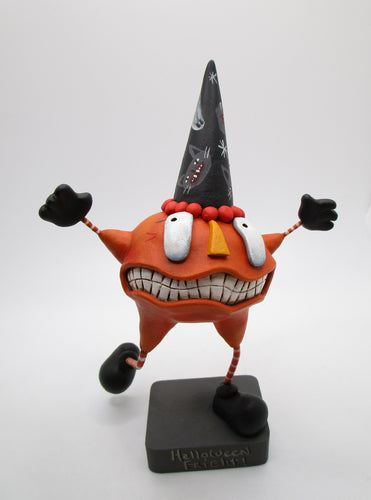 Halloween running frightened Pumpkin with tall spooky hat
