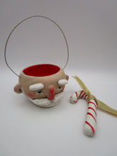 Christmas folk art small Santa Claus candy bucket with candy cane