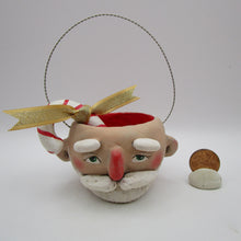 Christmas folk art small Santa Claus candy bucket with candy cane