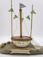 Summer folk art ocean BOAT scene with flags, net, grass and more