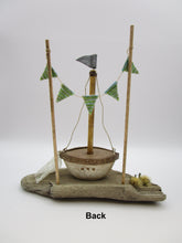 Summer folk art ocean BOAT scene with flags, net, grass and more