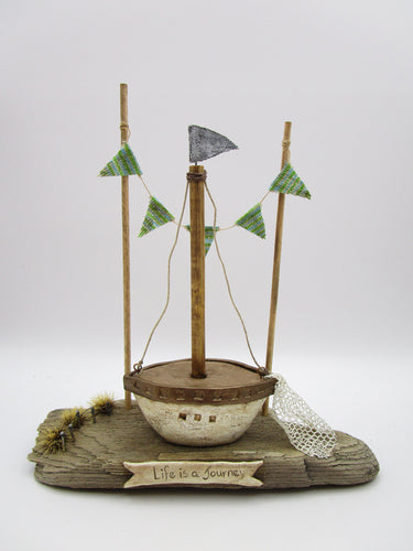 Summer folk art ocean BOAT scene with flags, net, grass and more