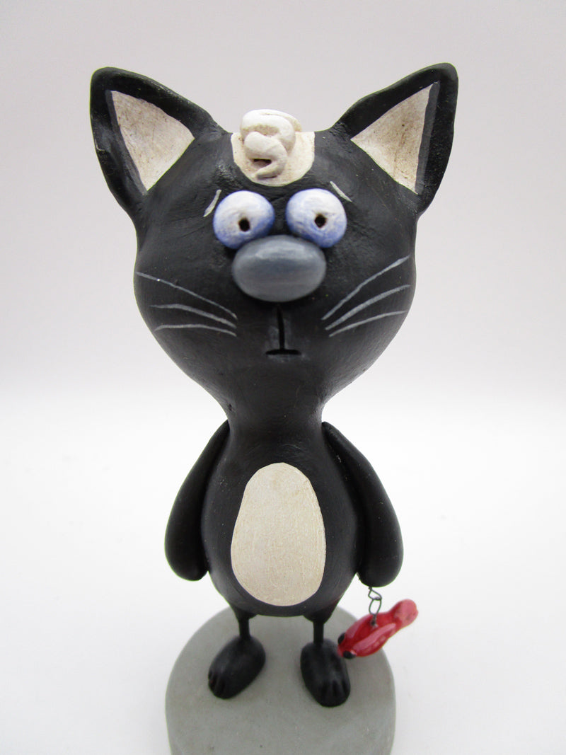 Summer folk art black CAT with tiny shrimp charm – pumpkinseeds