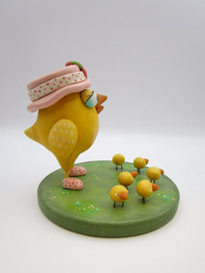 Easter folk art mama chick and her six chick babes