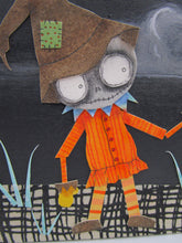 Halloween collage art 3.75x3.75 Skeleton scarecrow and moon -one of a kind, signed