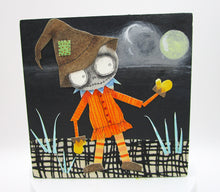 Halloween collage art 3.75x3.75 Skeleton scarecrow and moon -one of a kind, signed
