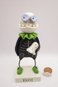 Halloween folk art Skelly Skeleton character with fine crackle ghost