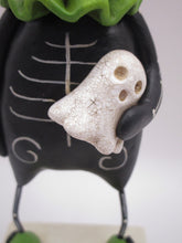 Halloween folk art Skelly Skeleton character with fine crackle ghost