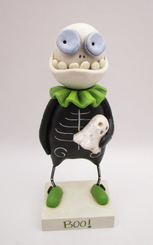 Halloween folk art Skelly Skeleton character with fine crackle ghost