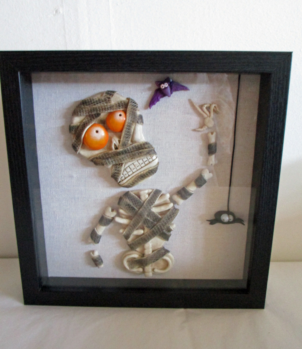 Halloween shadow box 10 x 10 and 1.5 deep MUMMY skeleton with bat and spider