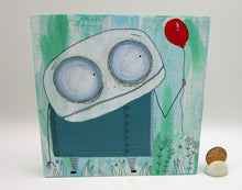Halloween folk art skelly skeleton painting with red balloon