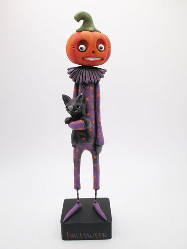 Halloween skinny pumpkin man holding black cat