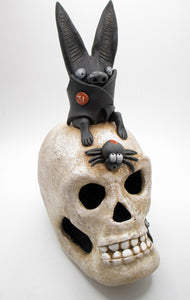 Halloween SKULL with sitting bat and two spiders - skull has fine crackle finish