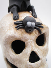 Halloween SKULL with sitting bat and two spiders - skull has fine crackle finish