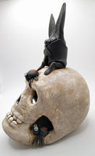 Halloween SKULL with sitting bat and two spiders - skull has fine crackle finish