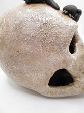 Halloween SKULL with sitting bat and two spiders - skull has fine crackle finish