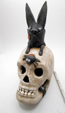 Halloween SKULL with sitting bat and two spiders - skull has fine crackle finish