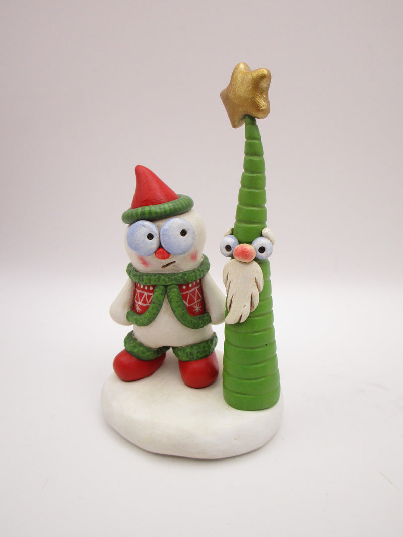 Christmas folk art detailed snowman and wacky woodland tree friend