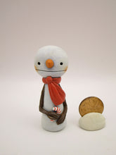 Christmas small snowman flat head and tiny gift in hand