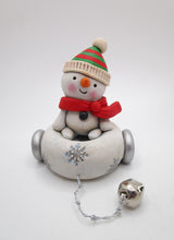 Christmas snowman in snowy snowball style cart
