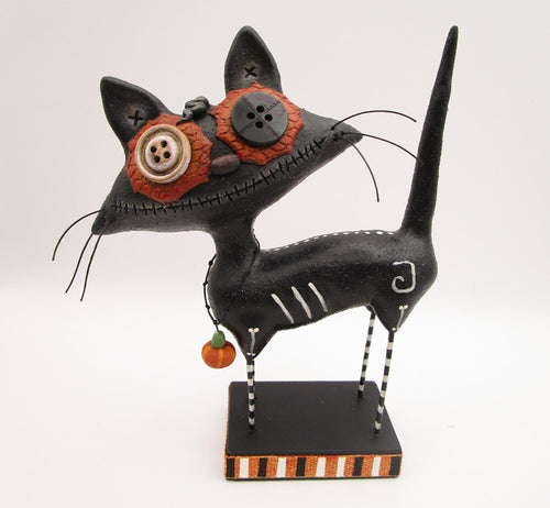 Halloween folk art SPOOKY black cat with whiskers and button eyes