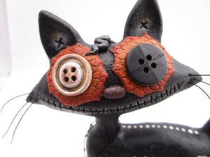 Halloween folk art SPOOKY black cat with whiskers and button eyes