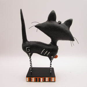 Halloween folk art SPOOKY black cat with whiskers and button eyes