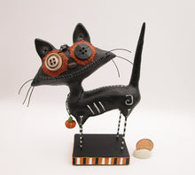 Halloween folk art SPOOKY black cat with whiskers and button eyes