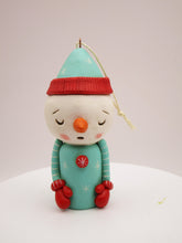 Christmas folk art ORNAMENT sad snowman teal and red