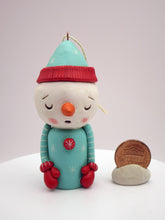 Christmas folk art ORNAMENT sad snowman teal and red