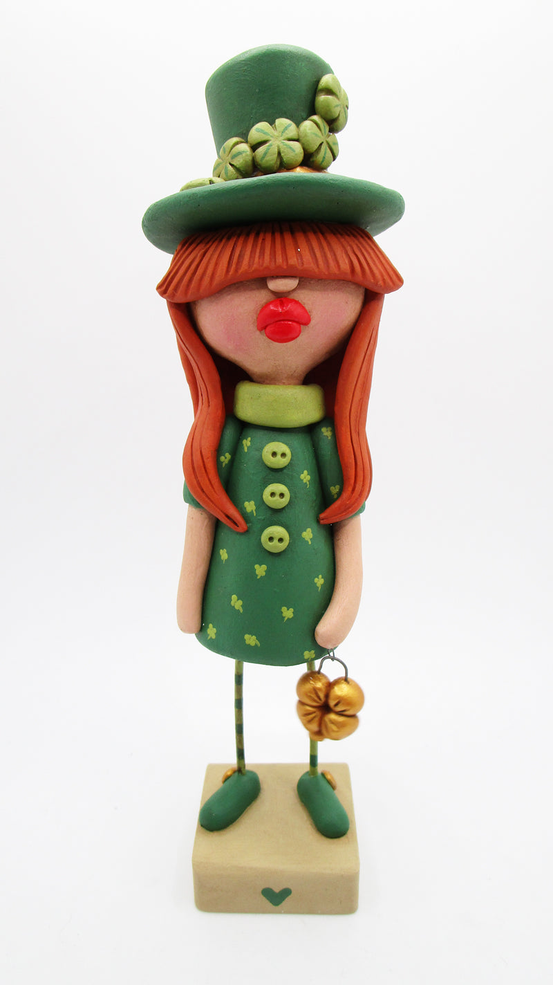 SPRING St Patrick day red head Irish girl with lucky four leaf clover charm - misc